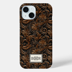 Vintage Brown Tooled Leather Monogrammed iPhone 15 Case