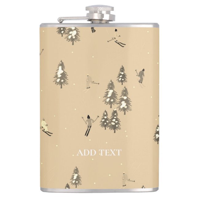 Vintage Brown Winter Skiers Skiing pattern  Hip Flask (Front)