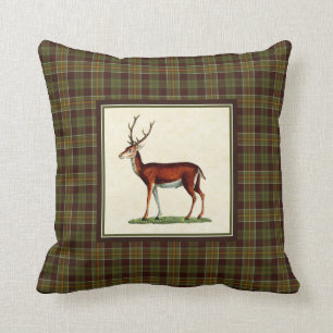 Vintage Buck Deer with Rustic Moss Fall Plaid Cushion