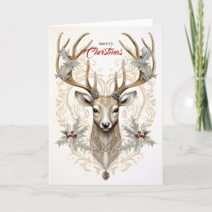 Vintage Buck with Holly and Berries Christmas Holiday Card