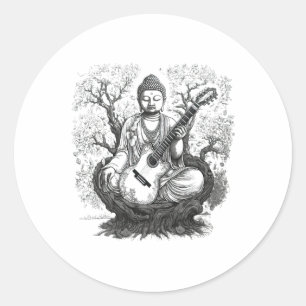 Vintage Buddha Playing Guitar Yoga Buddhist Medita Classic Round Sticker