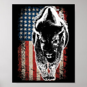 Vintage Buffalo American Flag Bison Patriotic Gift Poster