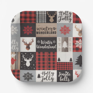 Vintage Buffalo Plaid Deer Christmas Party Paper Plate