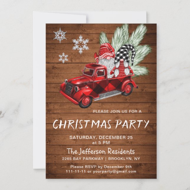 Vintage Buffalo Red Truck & Gnomes Christmas Party Invitation (Front)