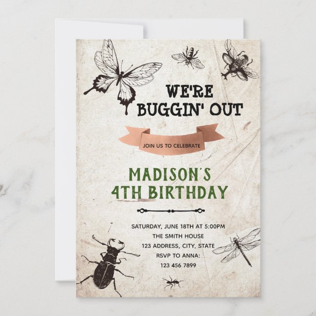 Vintage bugs insect nature trail birthday party invitation (Front)
