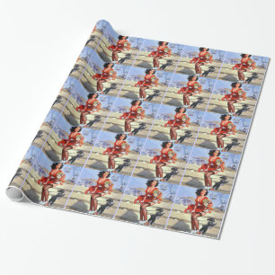 Vintage building pin-up girl poster wrapping paper