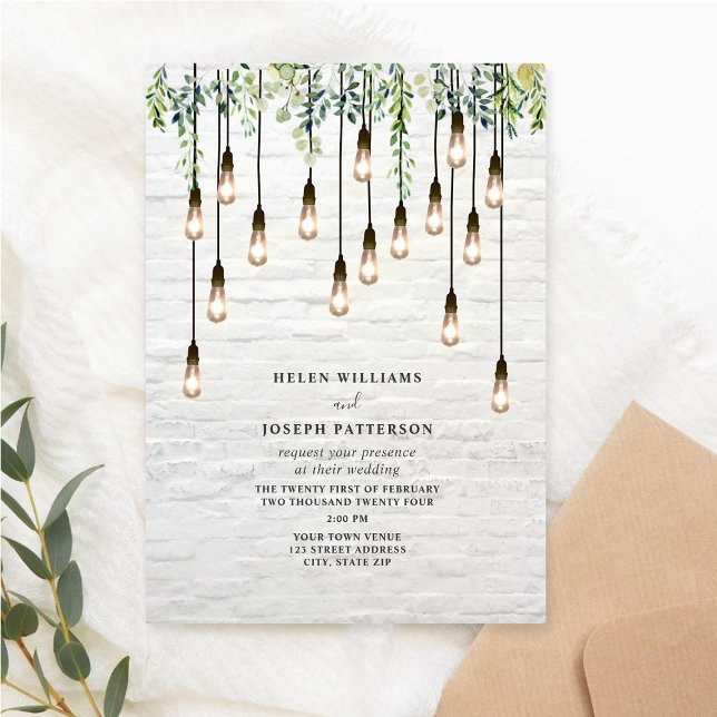 Vintage Bulbs Greenery White Brick Wedding  Invitation (Creator Uploaded)