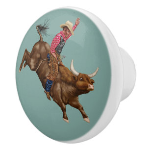 Vintage bull riding cowboy ceramic knob