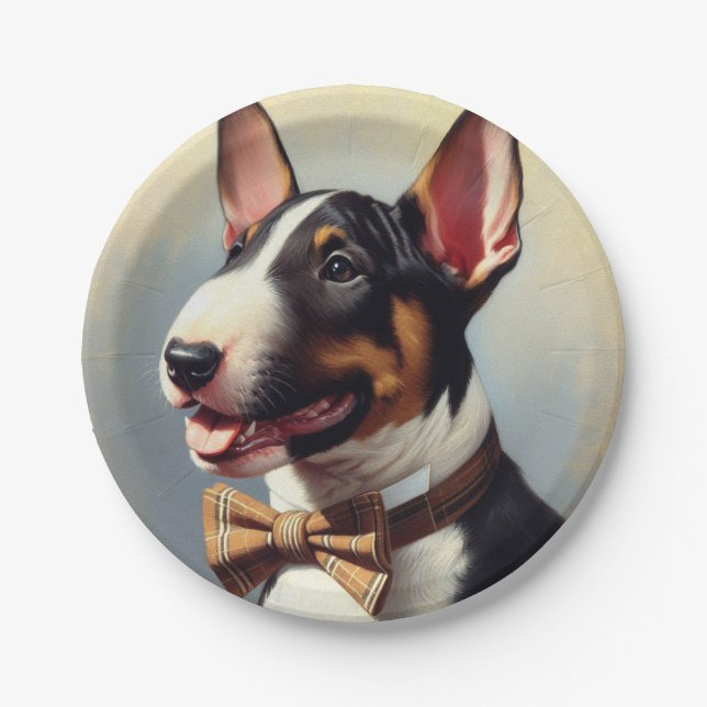 Vintage Bull Terrier Painting Portrait Paper Plate (Front)