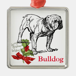Vintage Bulldog -Add Name- 'Glitter' Bow Christmas Metal Ornament