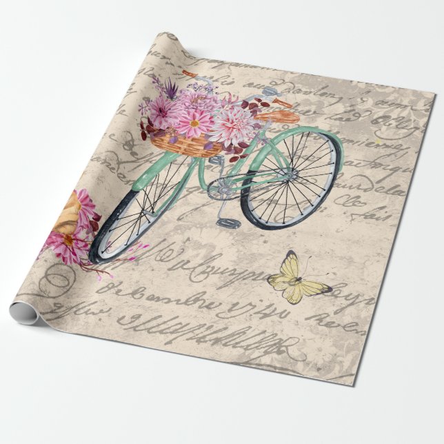 Vintage Bulldog Floral Bicycle Ephemera Decoupage Wrapping Paper (Unrolled)