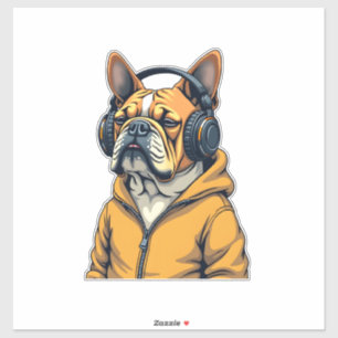 Vintage Bulldog in Headphones Wearing Hoodie Music
