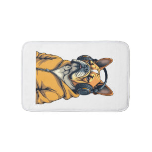 Vintage Bulldog in Headphones Wearing Hoodie Music Bath Mat