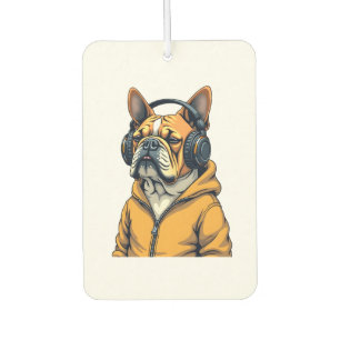 Vintage Bulldog in Headphones Wearing Hoodie Music Car Air Freshener