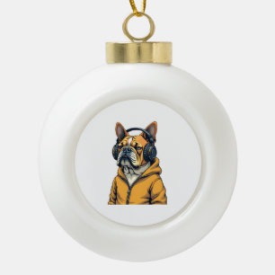 Vintage Bulldog in Headphones Wearing Hoodie Music Ceramic Ball Christmas Ornament