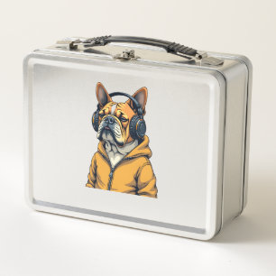 Vintage Bulldog in Headphones Wearing Hoodie Music Metal Lunch Box