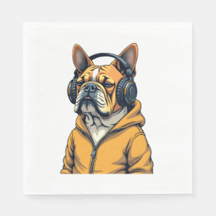 Vintage Bulldog in Headphones Wearing Hoodie Music Napkin