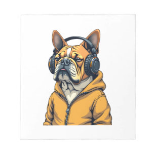 Vintage Bulldog in Headphones Wearing Hoodie Music Notepad