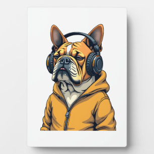 Vintage Bulldog in Headphones Wearing Hoodie Music Plaque