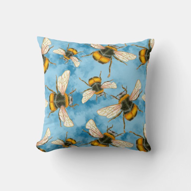 Vintage Bumble Bee Illustration on Blue Clouds Cushion (Front)