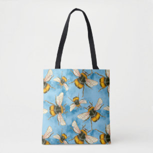 Vintage Bumble Bee Illustration on Blue Clouds Tote Bag
