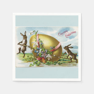 Vintage Bunnies and Golden Easter Egg Blue Napkin