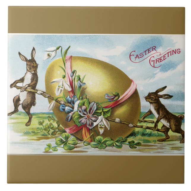 Vintage Bunnies and Golden Easter Egg Ceramic Tile (Front)