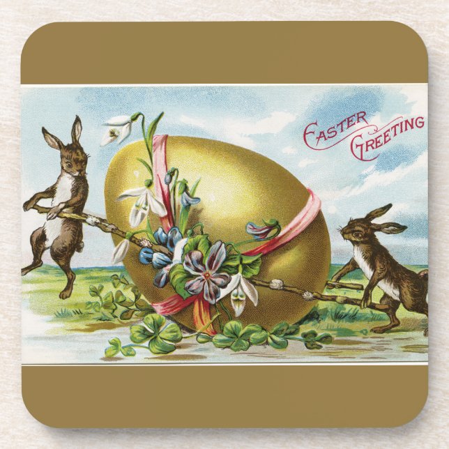 Vintage Bunnies and Golden Easter Egg Coaster (Front)