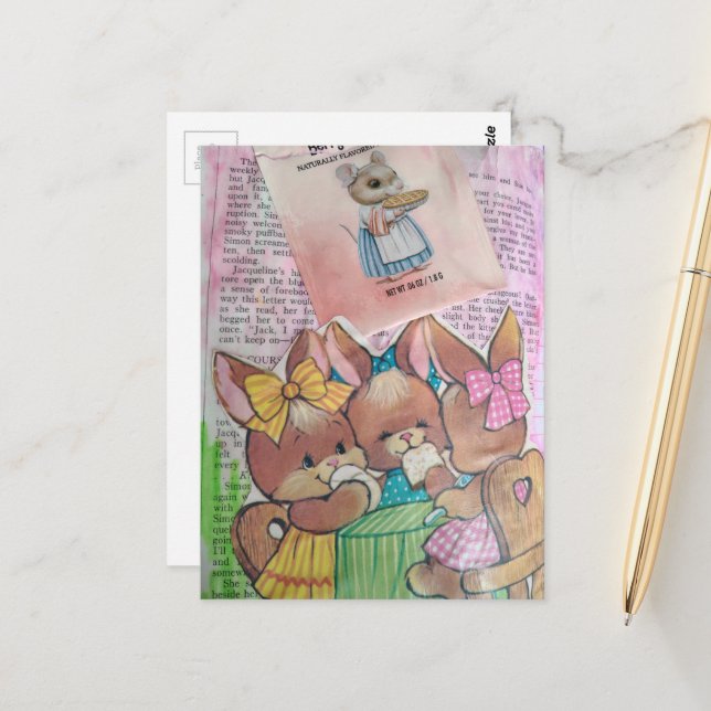 Vintage Bunnies and Mouse Collage Postcard (Front/Back In Situ)