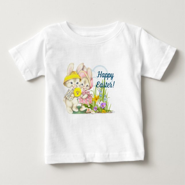 Vintage Bunnies & Flowers Happy Easter Baby T-Shirt (Front)