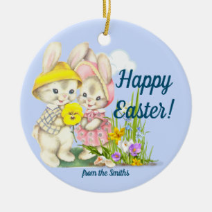 Vintage Bunnies & Flowers Happy Easter Ceramic Ornament