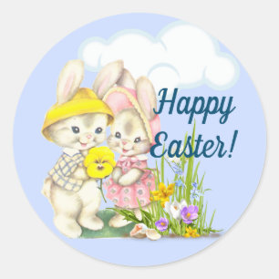Vintage Bunnies & Flowers Happy Easter Classic Round Sticker