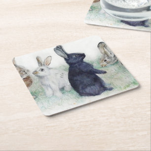 Vintage bunnies, happy easter square paper coaster