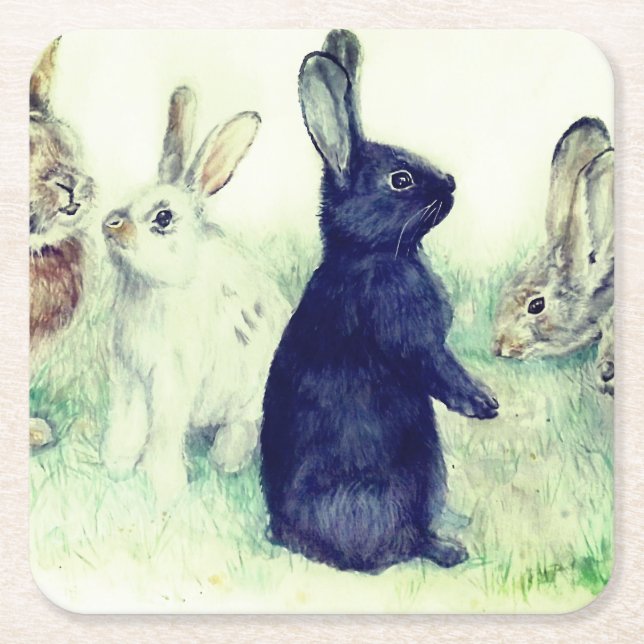 Vintage bunnies, happy easter     square paper coaster (Front)