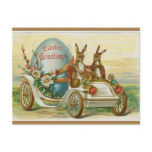 Vintage Bunnies in a Car With Easter Egg