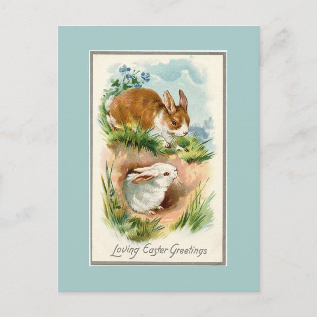 Vintage Bunnies Loving Easter Blue Postcard (Front)