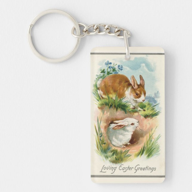 Vintage Bunnies Loving Easter Key Ring (Front)