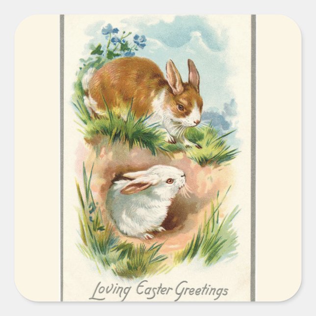 Vintage Bunnies Loving Easter Square Sticker (Front)