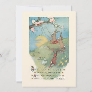 Vintage Bunnies Playing on Swing with Easter Poem  Holiday Card
