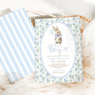 Vintage Bunny Blue Bow Balloon Boy Baby Shower Invitation