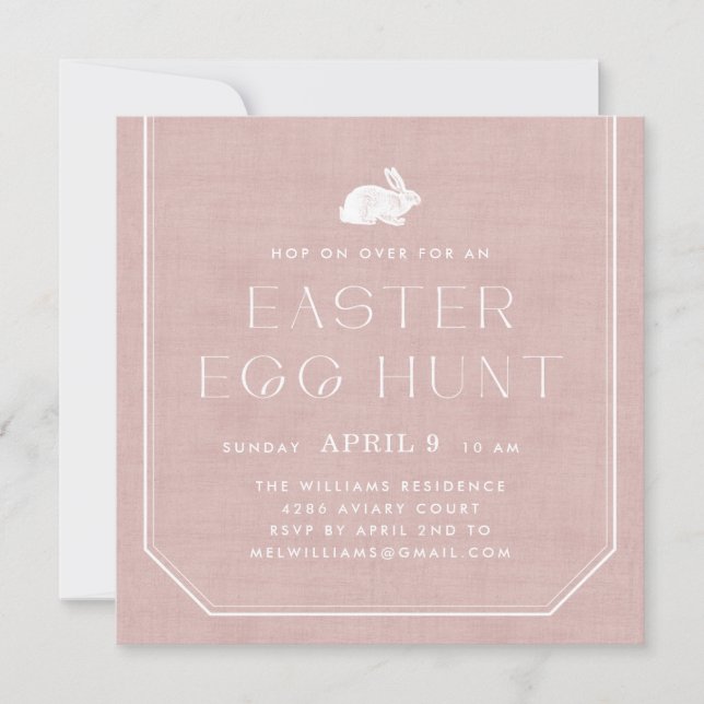 Vintage Bunny Easter Egg Hunt Invitation - Pink (Front)