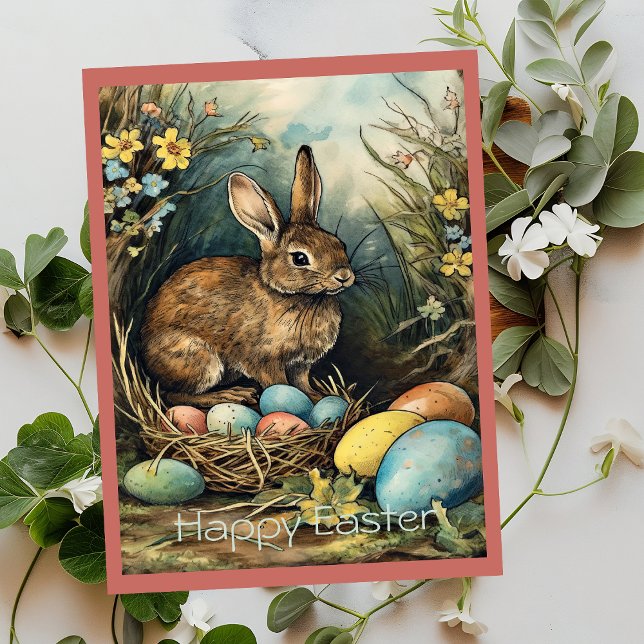 Vintage Bunny Easter Eggs Forest Holiday Card (Creator Uploaded)