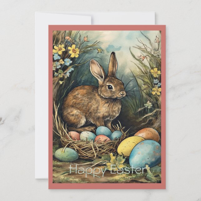 Vintage Bunny Easter Eggs Forest Holiday Card (Front)