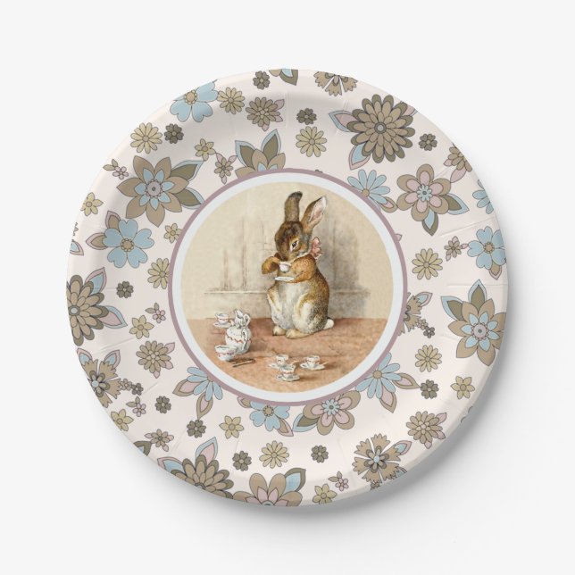 Vintage Bunny Easter Party Paper Plates (Front)