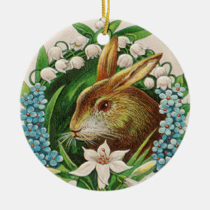 Vintage Bunny Floral Wreath Easter Greetings Ceramic Ornament