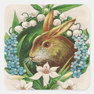Vintage Bunny Floral Wreath Easter Greetings Square Sticker