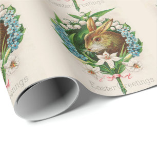 Vintage Bunny Floral Wreath Easter Greetings Wrapping Paper