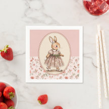 Vintage Bunny Girl Napkins, Floral Rabbit Napkins