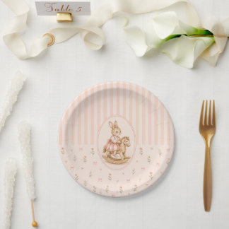 Vintage Bunny Girl Paper Plate, Floral Rabbit Baby Plate