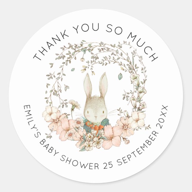 Vintage Bunny Green Leaves Thank You Baby Shower Classic Round Sticker (Front)